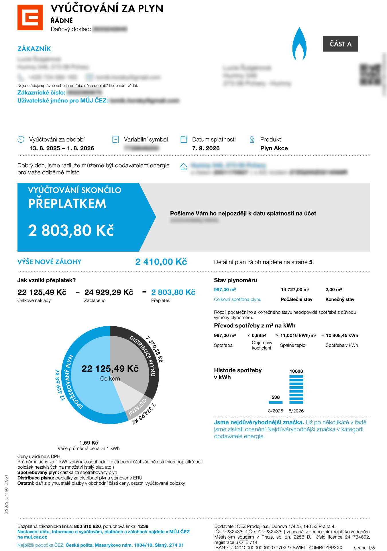 Vyúčtování za plyn se spotřebou 10 808 kWh jako kontrola kalkulačky úniku tepla